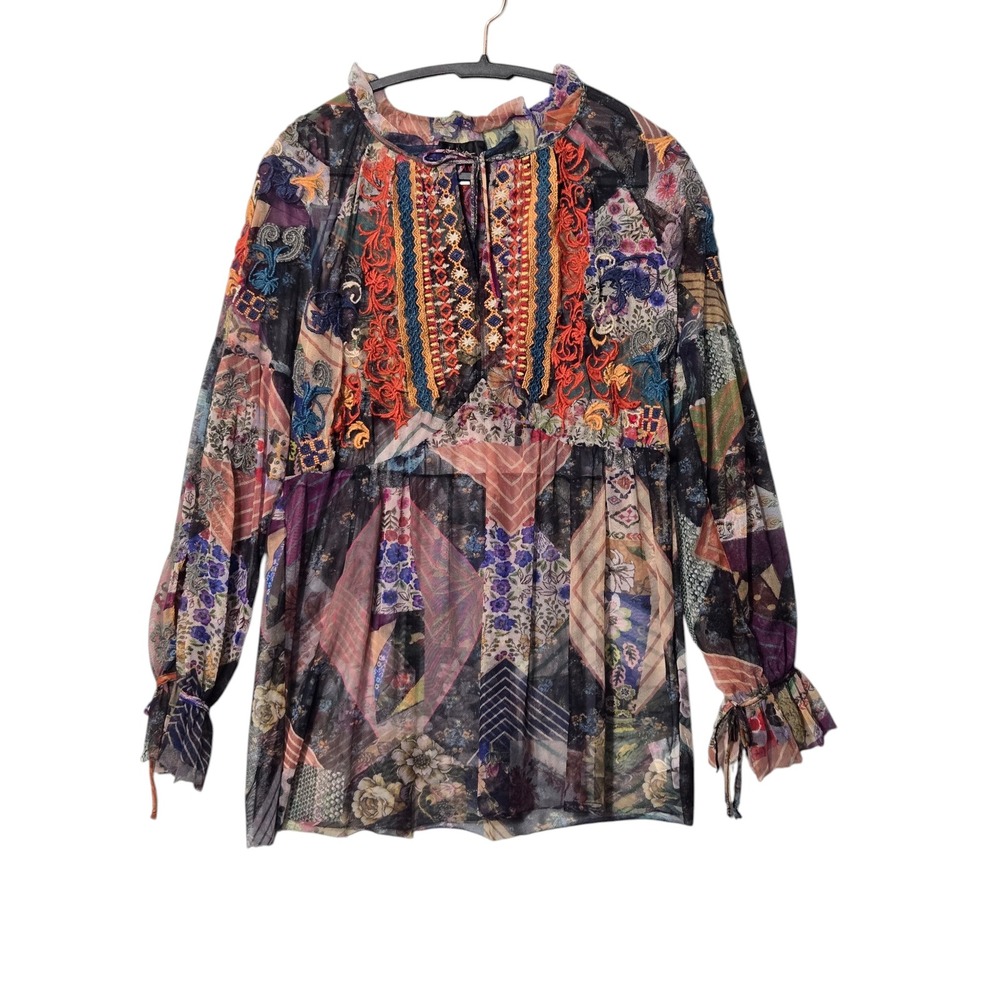 Johnny Was Biya Ilyana Mesh Blouse Tunic Embroidered Patchwork Floral S Boho